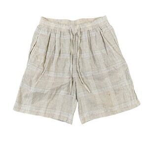 Princeton Club Linen Blend Striped Shorts Beige Elastic Drawstring Womens Small